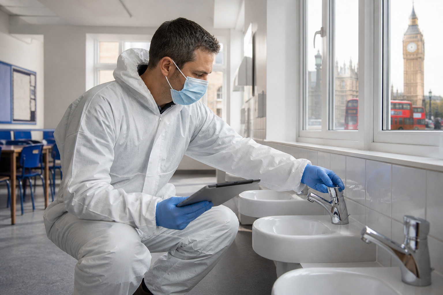 Water hygiene technician checking taps in a London school after a holiday closure