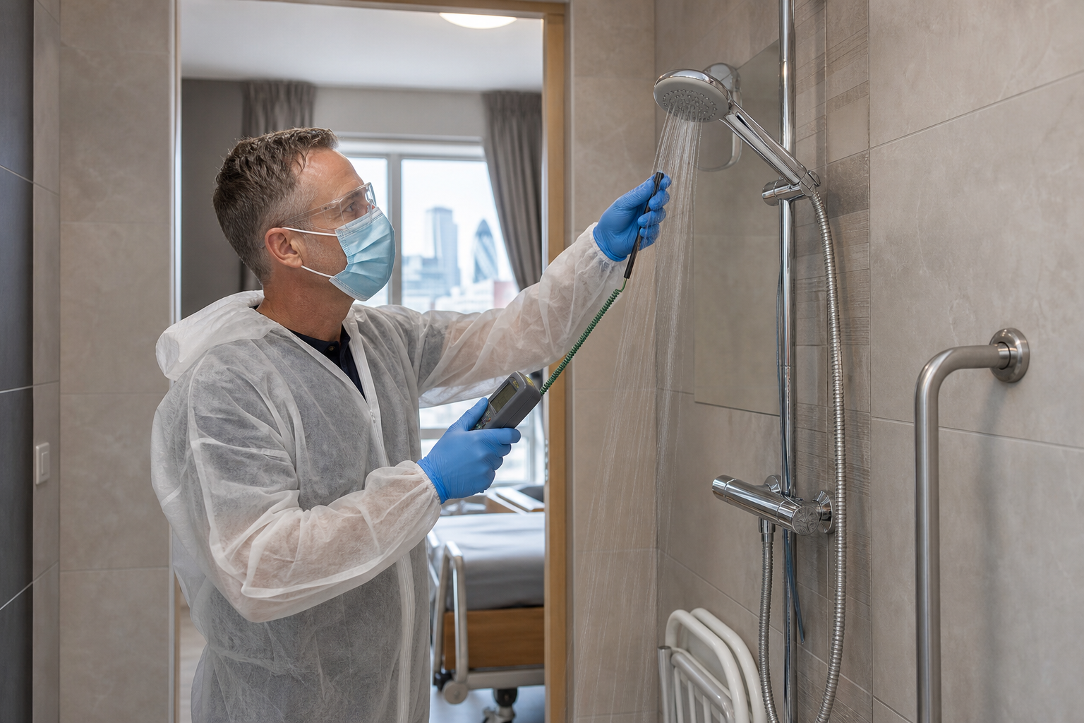 Water hygiene technician checking a shower temperature in a London care home