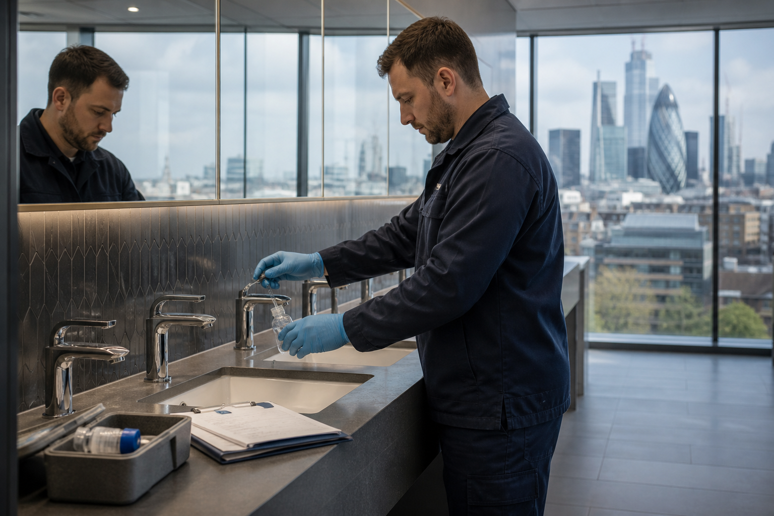 Technician taking a water sample from a little-used outlet in a London office