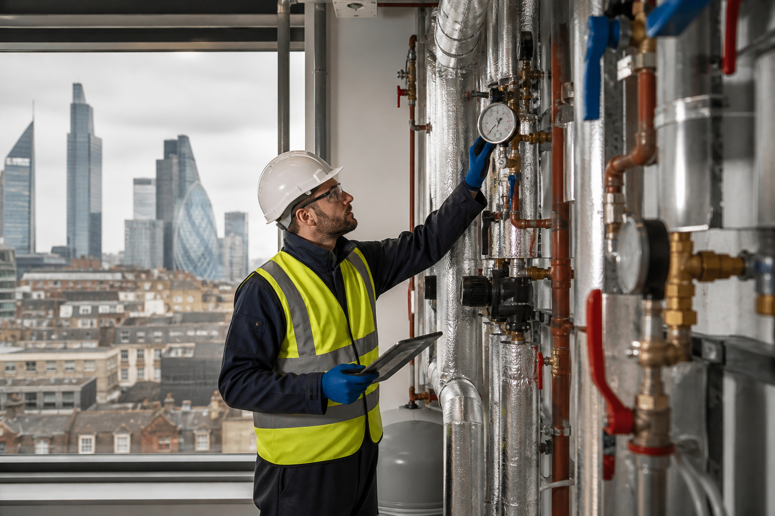 Technician inspecting modified water pipework after refurbishment in a London property