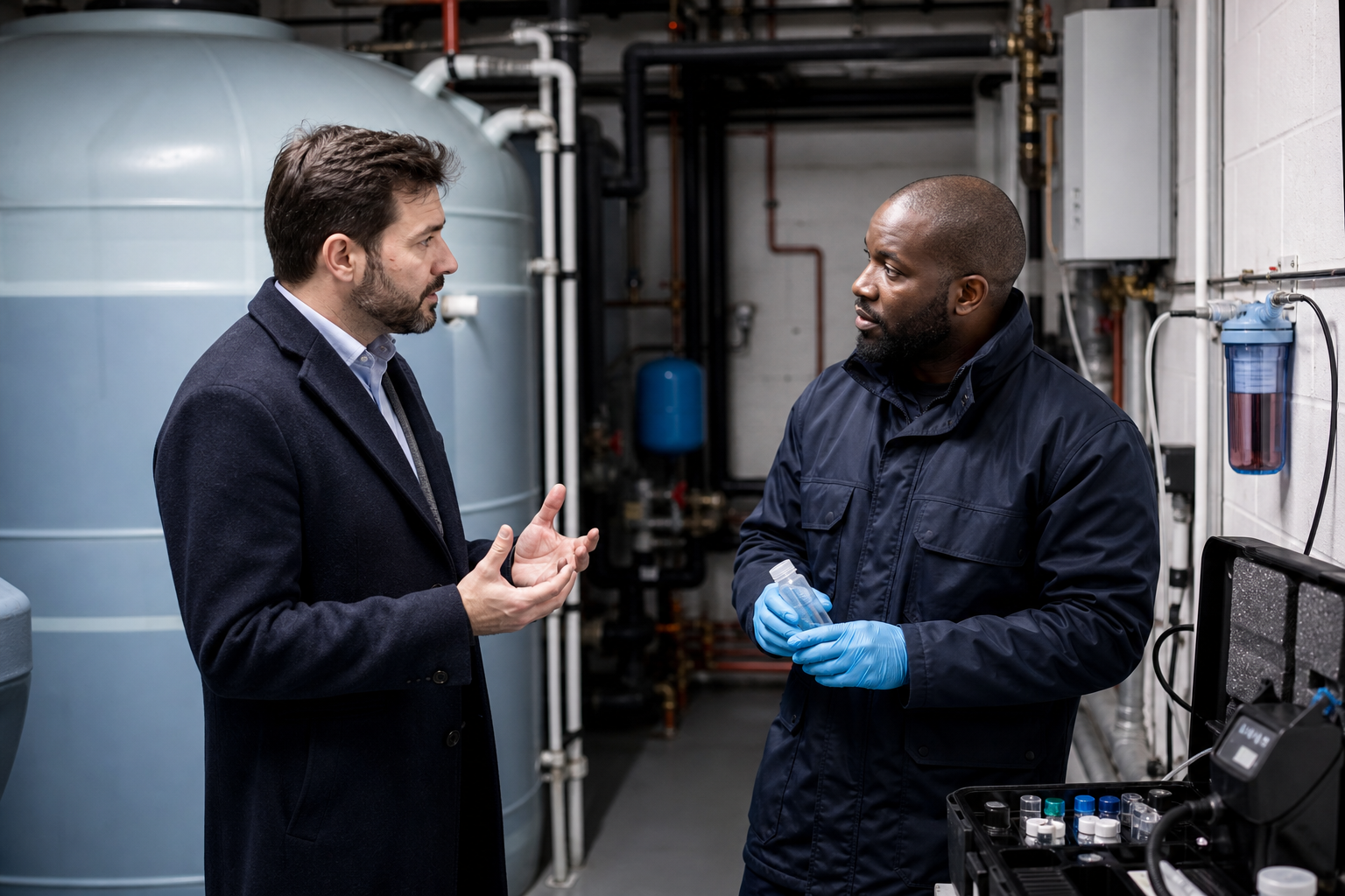 Managing agent reviewing communal water systems with a water hygiene technician in London