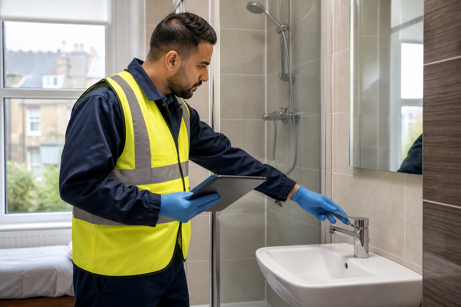 Water hygiene technician inspecting taps and showers in a London HMO