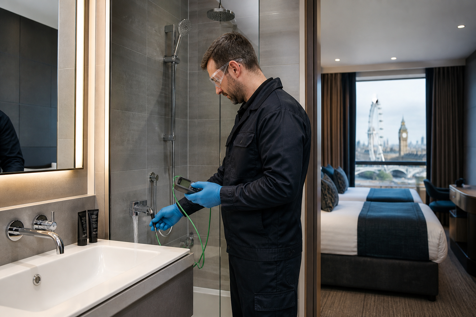 Water hygiene technician checking a hotel shower and taps in London
