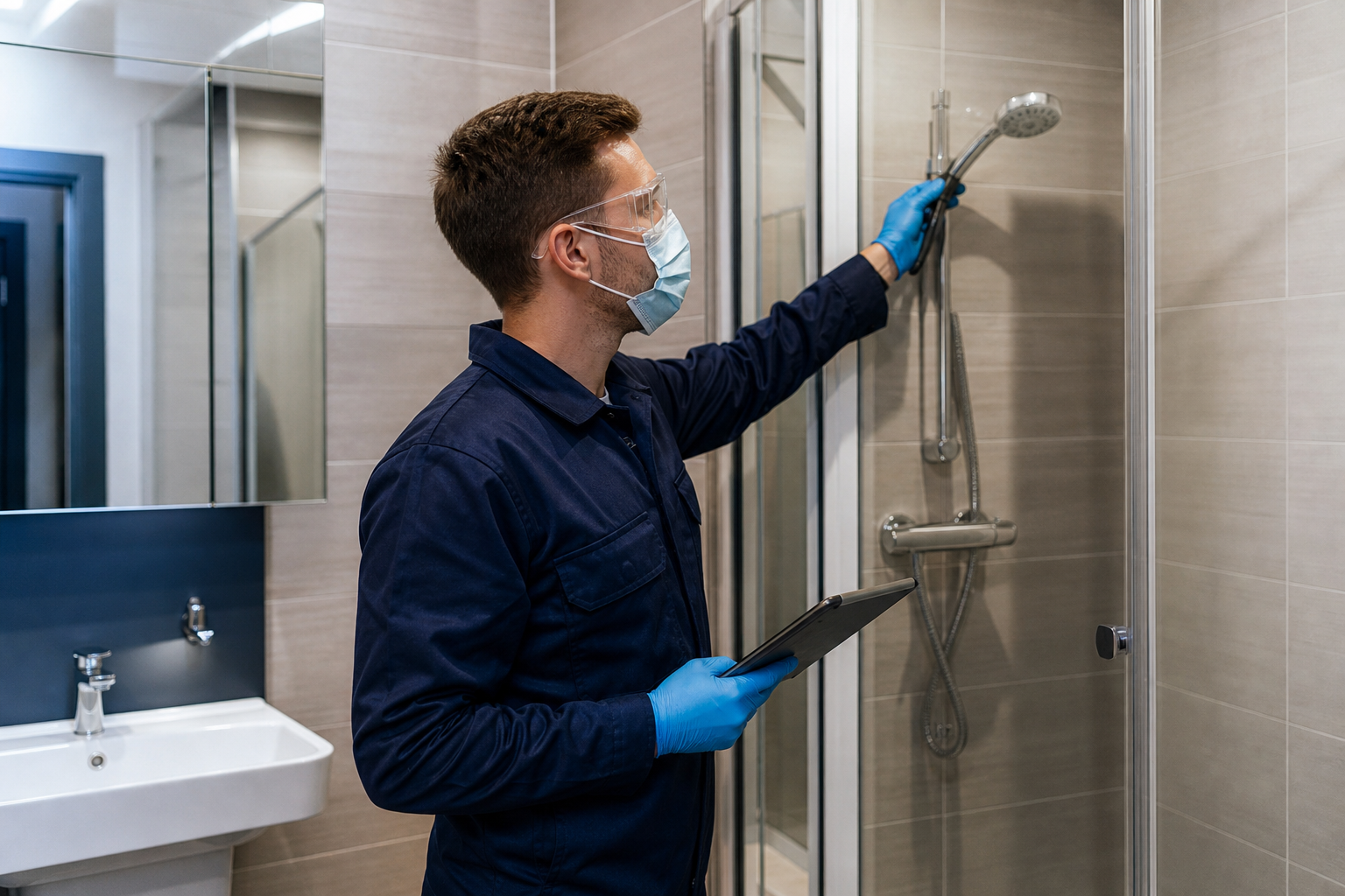 Technician inspecting shared water outlets in London student accommodation