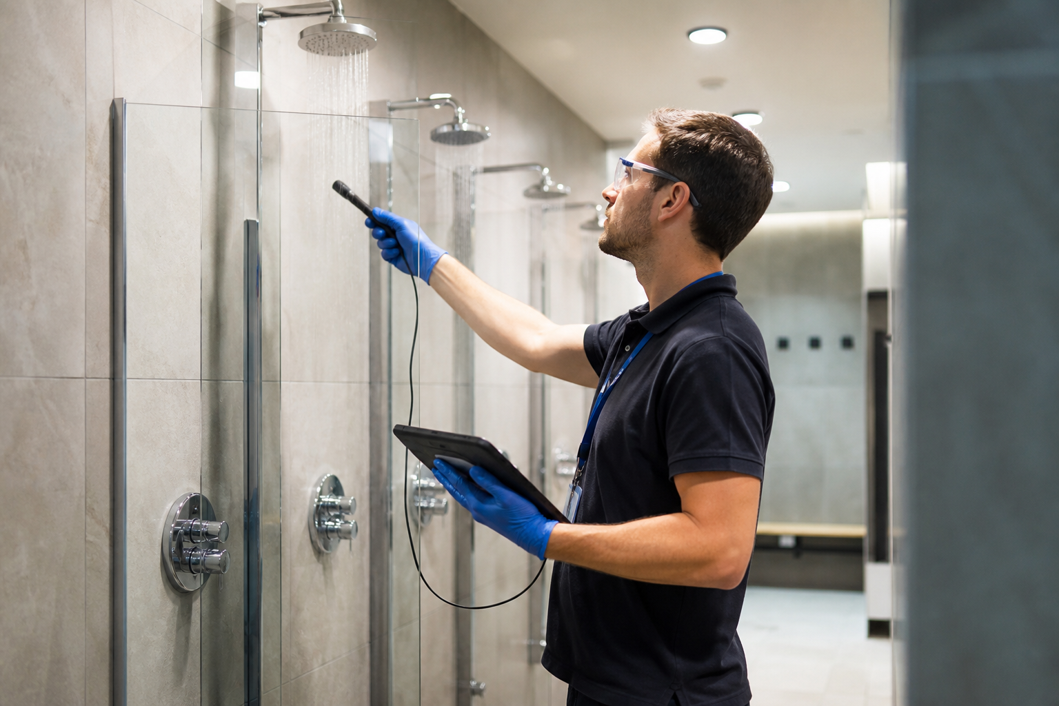 Water hygiene technician checking shower temperatures in a London gym