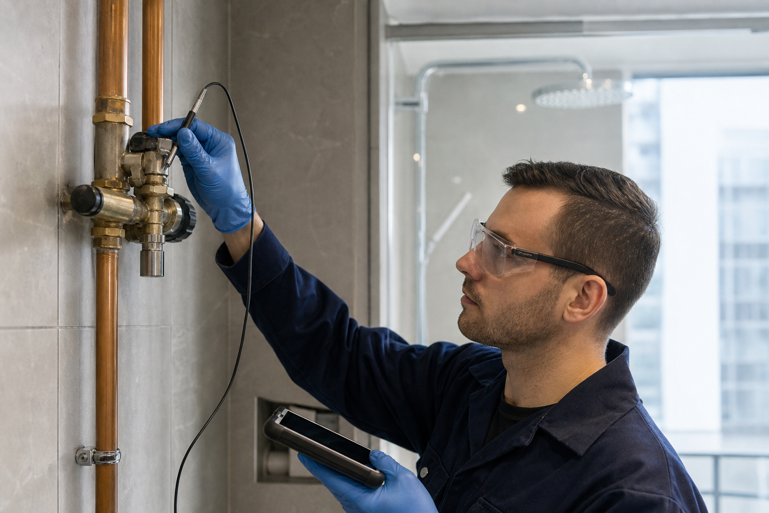Technician checking a thermostatic mixing valve and water temperature in London